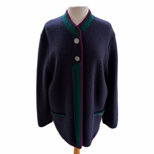 Geiger Austria Vintage Boiled Wool Coat Size 46 US 14 Coin Button Navy Teal